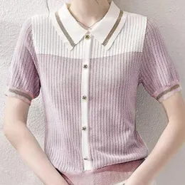 Women's Polos Polo Neck Shirt For Women Baggy Pink Knitted Kawaii Cute Woman T Clothing Trend 2024 Korean Style Pulovers In Summer