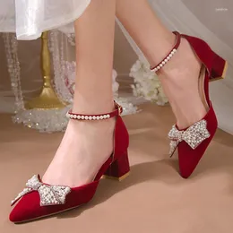 SURES Buty Bow Women Rhinestone Pearls Winted Red High Heels Wedding Bride Lasies Trend 2024 Spring Summer Pumps