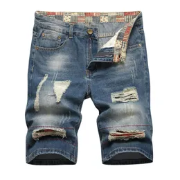 Mens rippade denim shorts fashionabla sommar smala byxor med nödställda design hål koreansk stil kort jeans man 240429