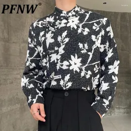 Men's Casual Shirts PFNW Dial Buckle Long Sleeve Cotton Linen Printing Vintage Male Chinese Chic Tops 2024 Autumn Stylish 9C3709