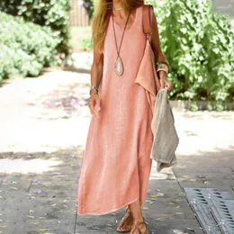 Casual Dresses Summer Women Dress V Neck Sleeveless Vest Type Loose Ankle Length A-line Vacation Beach Maxi