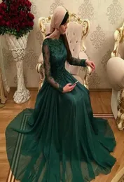 Arabic Dubai Dark Green Evening Dress Applique ALine Lace Sweep Train Long Sleeves Formal Party Gown Custom Made Plus Size3448355