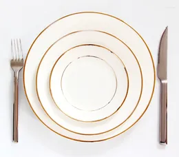 접시 3pcs/lot 1086 인치 Real Bone China Dinner Golden Lined 요리 및 세트 케이크 플레이트 서비스 도자기 플래터