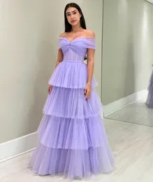 Elegant Long Lilac Tulle Prom Dresses with Tieres A-Line Off Shoulder Pleated Floor Length Lace Up Back Prom Dresses for Women