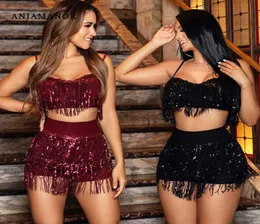 Anjamanor Sexy Club Set da due pezzi Set di paillettes Fringitter Beach Party Outfit 2 PC Set Women Skirt Crop Top Sets di abbinamento D47AG92 T8396019