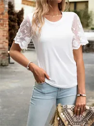 Maglietta da donna in pizzo casual maglietta per manichette estate in estate o collo bianco top nere topshirts magliette solide 240426