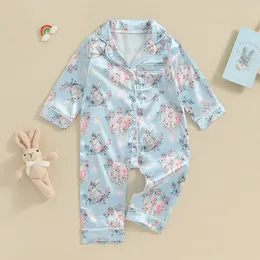 Cute Silk Satin Baby Sleepwear For Boys Girls Pajama Romper Lapel Neck Long Sleeve Rabbit Print Toddler Lounge Easter Clothes 240418