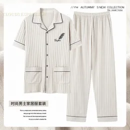 L5xl verão de pijamas elegantes malha de algodão pajamas define calças longas de calça de sono pijamas de plus size de tamanho doméstico PJ 240428