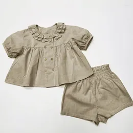 의류 세트 한국 여자 아기 옷면 린넨 퍼프 슬리브 roupas infantil conjuntos 아이템 라운지웨어 캐주얼 복장 의류