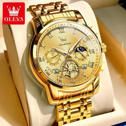 Wristwatches Luxury Business Golden Stainless Steel Watch For Men Chronograph R Phase Water Resistance Luminous Man Quartz Wristwatch