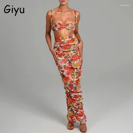 Arbetsklänningar giyu sexig tvåstycken set kvinnor outfit 2024 sommar höst spets blommig tryck ruched skörd topp lång kjol klänning set 2