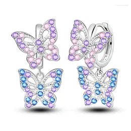 Brincos de argola requintados 925 prata esterlina brilhante azul butterfly rosa para mulheres acessórios para jóias de casamento feminino