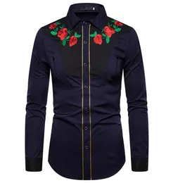 Rose haft haftowe koszule patchwork Spring Designer Lapel Neck Długie rękaw amerykański zachód w stylu swobodna koszula Man Fashion 4455921