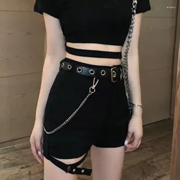 Women's Shorts High Waist Cargo Women Black Gothic With Chain Belt Street Dance Pants Fashion Chic Slim Casual Female Denim Sweatpants