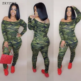 ZKYZWX Seksi Kamuflaj Bodycon Tulum Kadın Romper Kapalı Omuz Uzun Kollu Camo Baskılı Tulumlar Kadın Sokak Giyim Tahilleri 185o