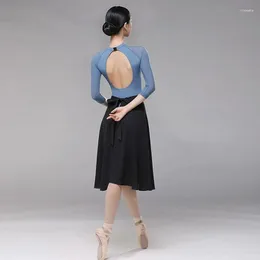 Bühnenbekleidung sexy Ballett -Trikot für Frauenübung Anzug Hochkragen Gymnastik Erwachsene 3/4 -Ärmel Ballerina Performance