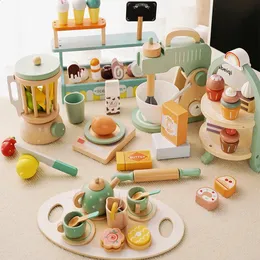 Wooden Fingle Play Play Kitchen Toys Coffee Machine Tea Set Bolo de brinquedo Sorvete de sorvete Aprendizando para meninas garotas Presentes 240416