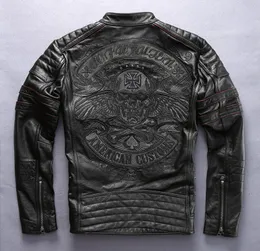 ファクトリー2018 New Men Retro Vintage Leather Biker Jacket Embroidery Skull Pattern Black Slim Fit Men Winter Motorcycle Coat4683631