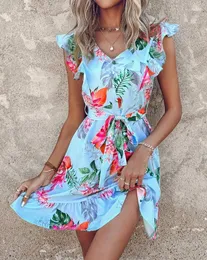 Casual Dresses Summer Women Tropical Floral Print Tied Detail Vacation A Line Dress Female Short Sleeve Fashion Ruffles Midi