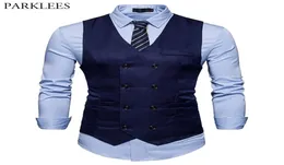 Brand Mens Double Breasted Suit Vest Fashion Slim Fit Sleeveless Waistcoat Men Business Wedding Vests Gilet Costume Homme 2011236419616