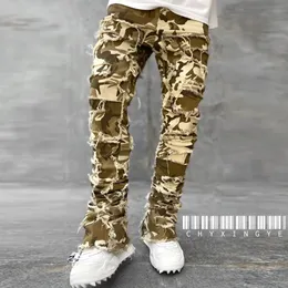 European camouflage pants mens street slim fit elastic patch denim torn mens stacked jeans mens camouflage tight fitting jeans 240426