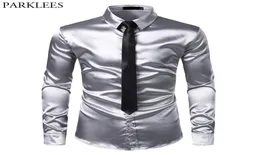 2pcs Silver Silk ShirtTie Mens Satin Smooth Tuxedo Shirts Casual Button Down Men Dress Shirts Wedding Party Prom Chemise Homme Y22128532