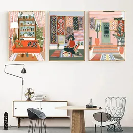 Resa marockansk hus väggkonst målning minimalistisk arkitektur canvas affischer växt tryck bohemiska väggbilder heminredning 240423