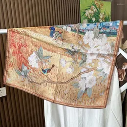 Lenços omea lenço quadrado de seda pura de 65cm lenço de luxo pintura a óleo de arroz hijab hijab grande cabeça de cabeça