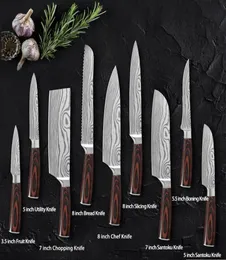 High Quali Chef Knife Cleaver Sharp Japanese Rostfritt Steel Kitchen Bröd Skivningsverktyg Santoku Imitation Damascus Mönster Gift8533362