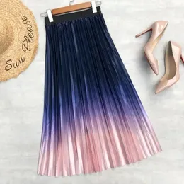 Skirts Seoulish 2024 Elegant Gradient Stain Women's Pleated High Waist Mi-long Umbrella Skirt Spring Summer