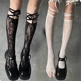 Mulheres meias lolita y2k meias de malha oca com dedos divididos com renda de aranha de aranha de aranha alta