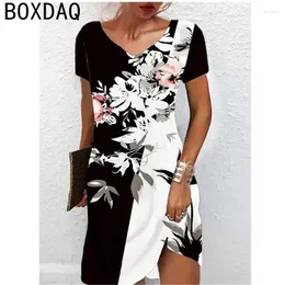 Vestidos casuais Vestido elegante de Lady Retro estampado Floral 5xl 6xl Big Size Mulheres Mulheres Curta Manga Veira V comprimento de joelho 2024 Praia a-lin