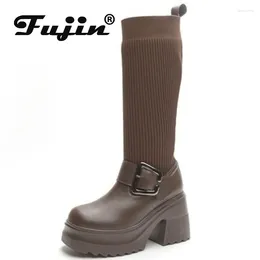 Botas Fujin 10 cm de tecido esticado plataforma de cunda de cunha malha de mola de outono no joelho de microfibra High Women Plush Winter Shoes