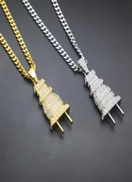 Iced Out Bling Men Micro Pave Full Rhinestone Plug Pendant Necklace Gold Silver Plated Charm Cuban Chain Hip Hop Jewelry261G8208011