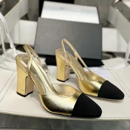 Womens Slingback Dress Shoe Designer Chunky Heels Sandals Slip On Leisure Shoe Sheepskin Wedding Shoe Classic Silver Gold Black Casual Shoe Outdoor Beach Shoe