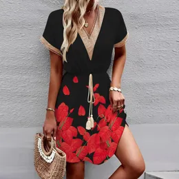 Abiti casual Donne Donne Floral Stampa corta a V Deep Neck Sexy Bandage Bandage Bandage Elegante Smock