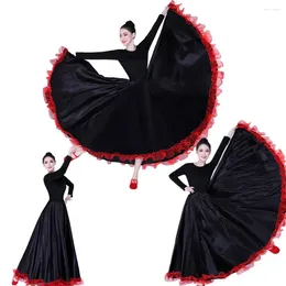 Stage Wear Women Black Red Layers Satin Long Skirt For Spanish Flamenco Belly Dance Gypsy Mexico Ballet Folklorico Performance Costume