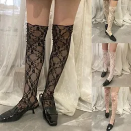 Women Socks Flower Lace Fishnet Loose Thigh Highs Stockings For Korean Sexy Sheer Mesh Net Slouch Over Knee Long Sock