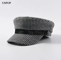 USPOP 2019 Autumn winter women vintage newsboy fashion metal letter M military flat top plaid visor caps Y2001023734898