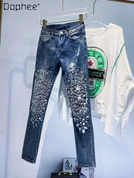 Mode -Strass -Jeans Frauen Frühling Herbst High Taille Hose Sexy Schlank