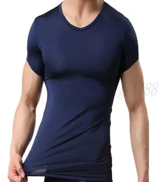 Hela Woxuan Mens Tank Tops underskjortor Gay Nylon Ice Silk Sheer Short Sleeve Shirts Male Sexy Navy Blue T Shirts4764479