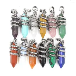 Pendant Necklaces Dragon Round Hexagonal Prism Necklace Pendants Amethyst Quartz Etc Stone Charms Amulet European Fashion Jewelry 1pcs