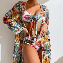 Cikini-High Waisted Floral Printed Swimsuit for Women Sexy Bikini Set Three Pieces Long-Sleeved Blouse Plus Size Swimwear 240426