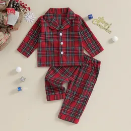 Christmas Kids Girls Boys Pajamas Set Set Sallo -Ruit Curzyna Koszulka z długimi rękawami i elastyczne spodnie 2PCS Toddler Sleepar 240420