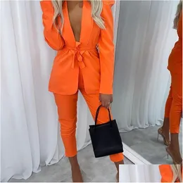 Pantaloni da donna a due pezzi Donne Donne aperte Open Front Blazer Top Pant Fall 2 Y Club Outfit Solid Set Set Orange Streetwear Drop Dropliv Dhmjn