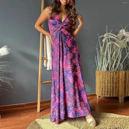 Casual Dresses Strappy V-Neck Boho Long Dress Women's Summer 2024 High Waist Loose Swing Maxi Floral Tropical Backless Beach Sun