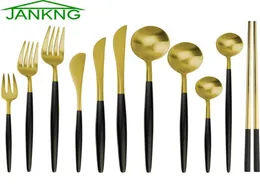 JANKNG 6Pcs Black Gold Stainless Steel Dinnerware Sets Forks Knives Chopsticks Little Spoon for Coffee Tea Kitchen Tableware Party3199039