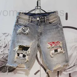 Men's Jeans designer Summer thin patch distressed denim shorts for men with loose fitting straight leg five point Korean style trendy and personalized pants P6F3