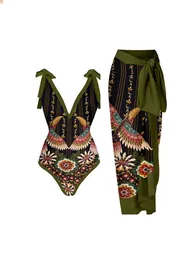 Vintage Dark Green Print Bikini Sets Swimsuit Skirt Women Lace-Up Backless Holiday Swimwear Beach Bathing Suits 240426