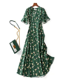 Summer Vintage Green Print Back Tie Chefon vneck Shortsleeve Slim Long Midi Prap Tea Dress Casual 2021 Q0712774941111111111111111